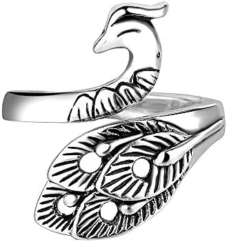 Cool!Unisex Antique Vintage Retro Titanium Steel Lifelike Black Silver Open Ring (Peacock and National Style)
