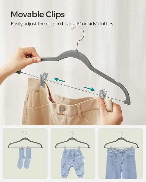 SONGMICS 30 PACK PANTS HANGERS, 16.7 INCHES LONG VELVET TROUSERS HANGERS WITH ADJUSTABLE CLIPS, HEAVY-DUTY, NON-SLIP, SPACE-SAVING FOR PANTS, SKIRTS, COATS, DRESSES, TANK TOPS, GRAY UCRF12V30