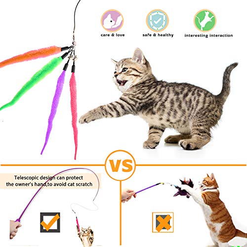 Retractable Cat Toys Wand with 5 Piece Teaser Refills, Interactive Cat Feather Toy for Cat Kitten Having Fun Exerciser Playing, Purple