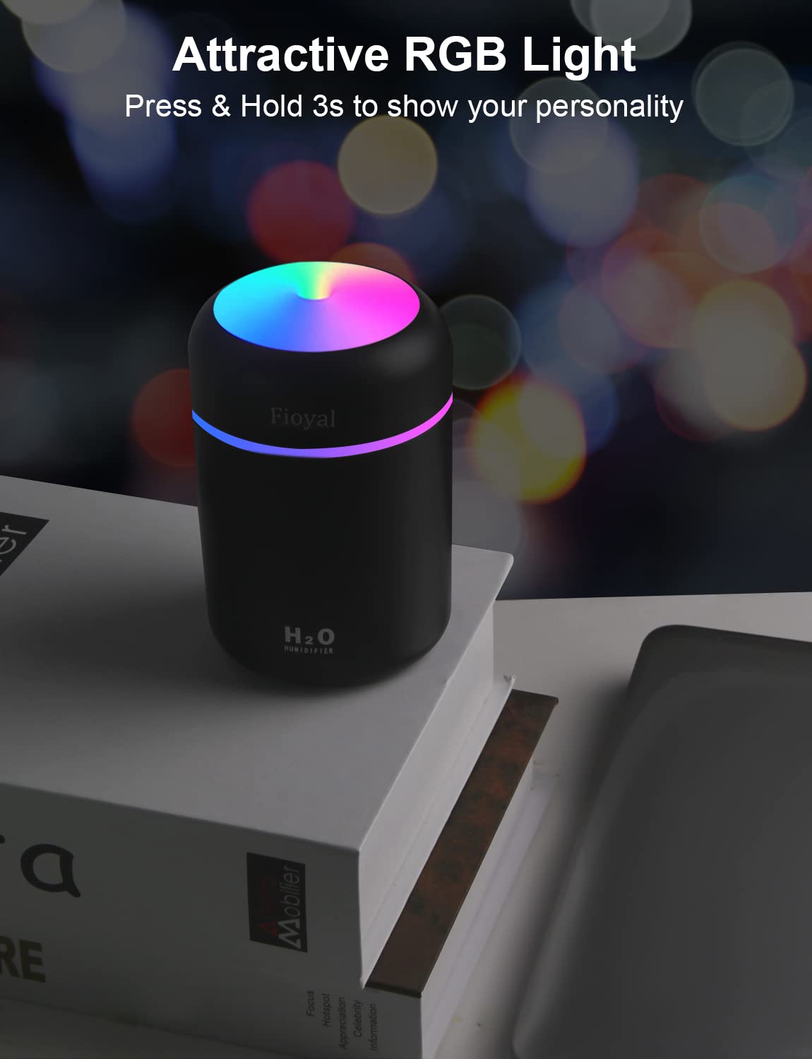 Portable Mini Humidifier, Fioyal RGB Light Small Humidifiers for Bedroom, Car, Desktop, 2 Cool Mist Modes, Quiet(300ML, Black)