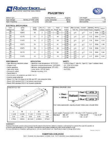 ROBERTSON Fluorescent eBallast(s) for 2 F28T5 Linear Lamps, Program Start, 120-277Vac, 50-60Hz, Normal Ballast Factor, HPF, (Successor to Model PSA228T5MV /A) - Thumbnail 3