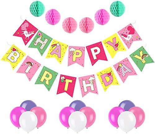 Unicorn Happy Birthday Banner - Party Supplies Colorful Pastel Rainbow, Cloud, Flower, and Heart Pennant - Unicorn Party Decorations Set with 6 Pom Pom Balls &amp; 12 Balloons - For Kids and Adults