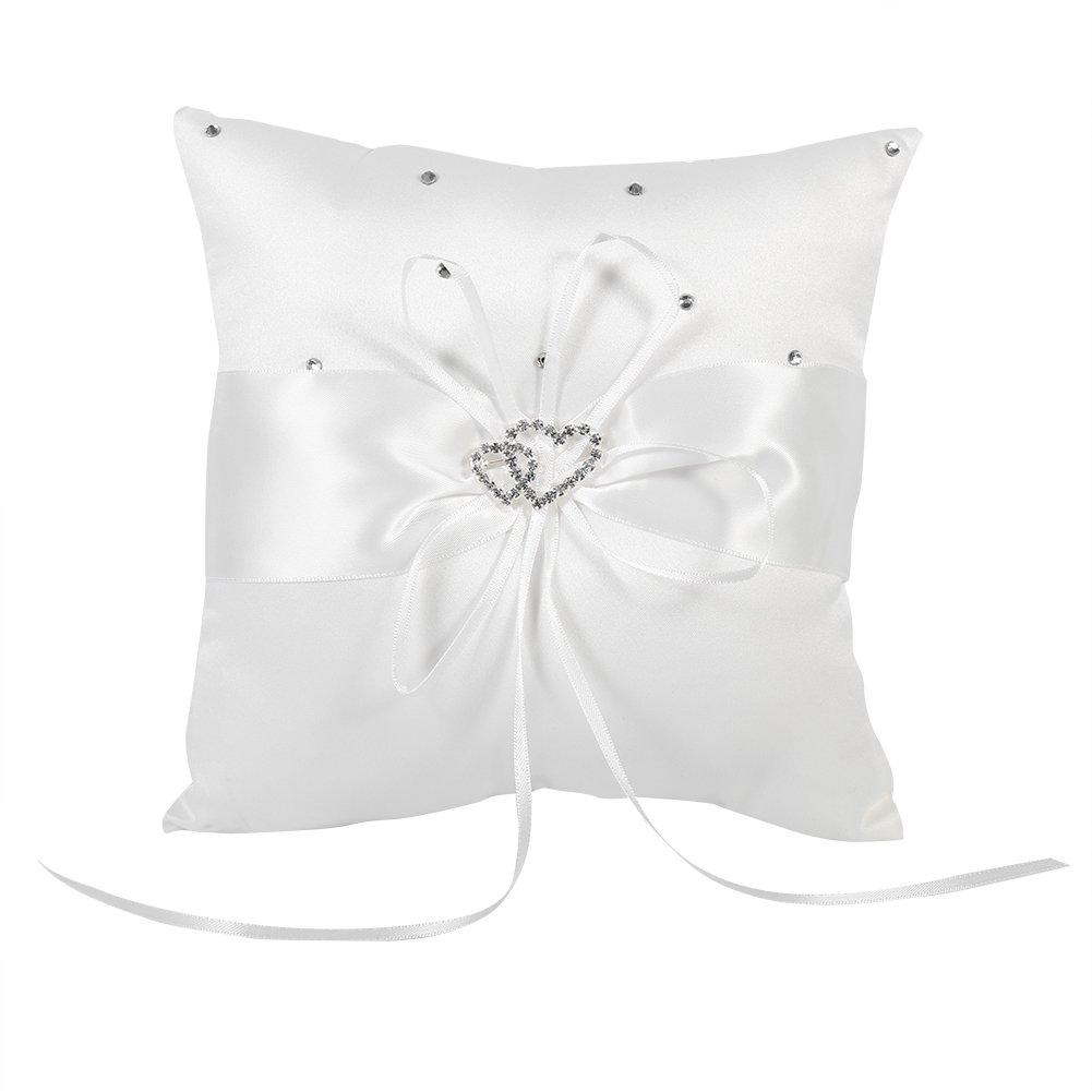 GLOGLOW Ribbon Decorative Pillow Ring Bearer Pillow Romantic Cushion with Bowknot Double Heart Rhinestone,Ceremony Wedding Party Home Decor(White)