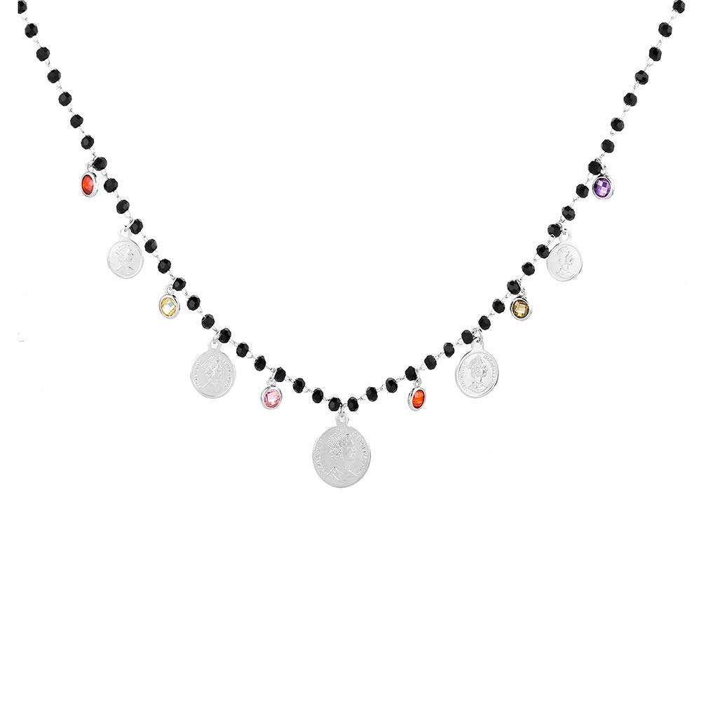 Copper Necklace Black Crystal Bead Chain Coin Queen Elizabeth Portrait Cubic Zirconia Pendant Vintage Style Women Necklace Gift for Mom