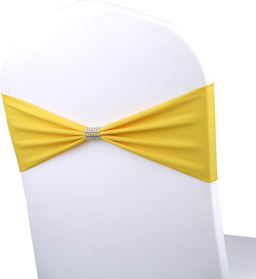Thoxia 50PCS Stretch Spandex Wedding Chair Sashes Bows Elastic Banquet Party Decoration Chairs Bands with Bling Rhinestone Mesh Birthday Reception Ceremony Event Decor Supplies (Yellow)