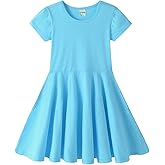 Noomelfish Girls Short Puff Sleeve Dress Summer Casual Knit Swing Twirl Skater Dresses with Pockets (2-12 Years)