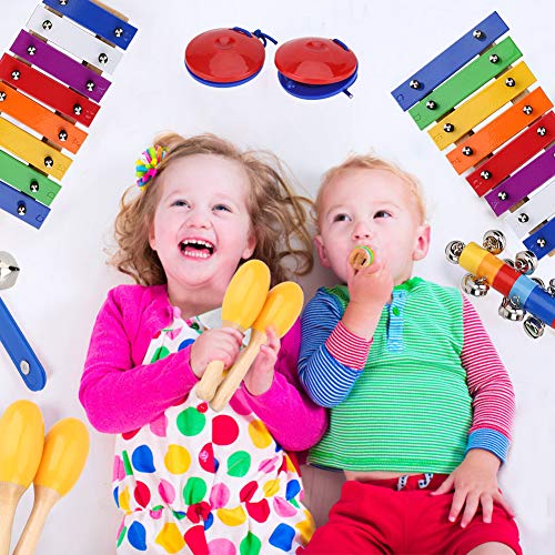 VGEBY 17pcs Juego Instrumentos Musicales de Percusión para Niños Juguetes de Xilófono Juguetes Educativos Juego de Banda Rítmica con Bolsa de Almacenamiento Instrumentos Musicales para Niños