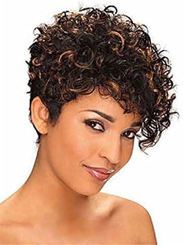 Colorwigy Mixed-Color Kinky Curly Short Synthetic Hair With One Side Bangs Capless Wigs 10 Inches