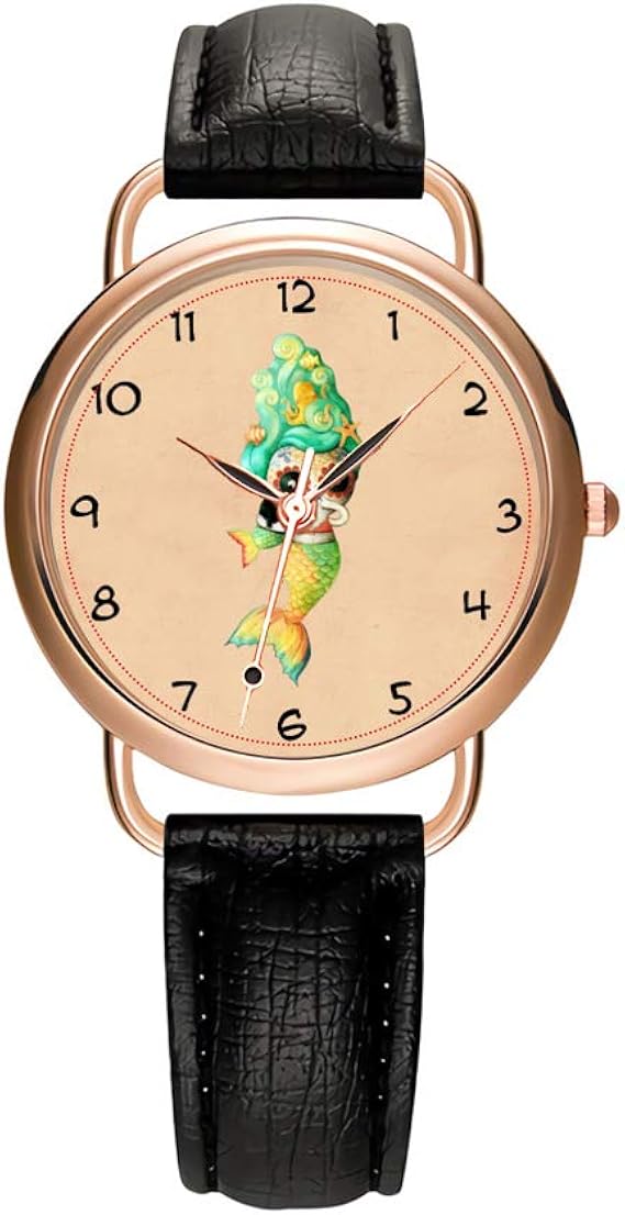 Amazon レディース腕時計 ブランド ラグジュアリー ファッション レディースウォッチ ホワイトとブラックレザーバンド ゴールドクォーツ腕時計 女性ギフト クロック 死者の日 マーメイドガールウォッチ ブラック レディース腕時計 腕時計 通販