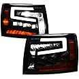 Topline_autopart Sequential Black Housing Full LED Tri Projector Headlights Signal Lamps Amber Reflector nb Compatible With 07-13 Chevy Silverado 1500/07-14 2500 3500 HD Pickup Truck