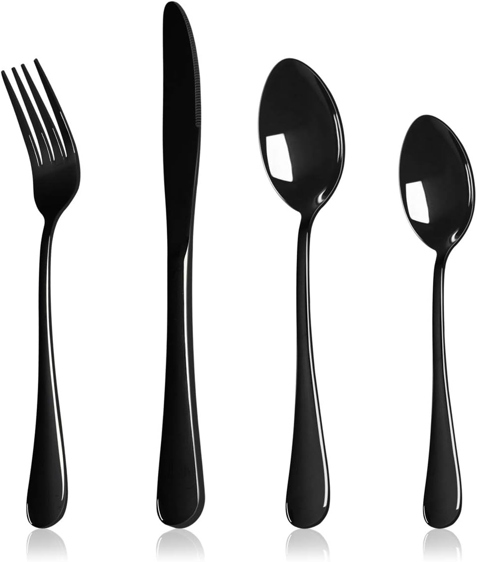 HaWare 24 Piece Black Cutlery Flatware Set, Stainless Steel Silverware with Knife Spoon Fork, Service for 6, Mirror Finish