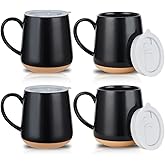 HVH Ceramic Coffee Mugs Set of 4, 17oz Large Mugs with Lid, Farmhouse Style (Black)