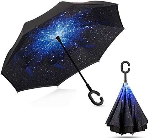 Lepapillon Creative Travel Car Reverse Umbrella Waterproof Folding C-Hook Handle Double Layer Inverted Umbrella (Midnight Sky)