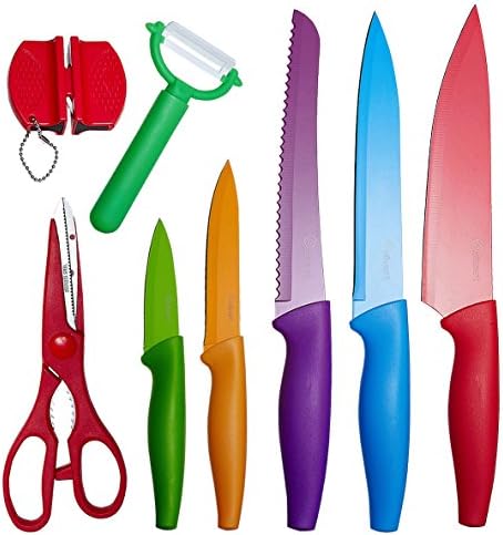 13-Piece Stainless Steel Knife Set with Blade Guards. Sharpener, Peeler and Shears Included! Multicolor Finish. Bonus eBook Top 201 Cooking Recipes - By OXINART
