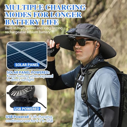 Solar Fan Sun Hat Wide Brim Hat Outdoor Wide Brim Sun Hat with 2 Solar Fan Fishing Hat, Hat UPF 50+, Removable & USB Charging