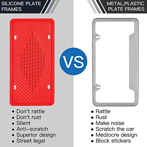 Intermerge Silicone License Plate Frame Holders Rust-Proof/Rattle-Proof/Weather-Proof with Drainage Holes Universal American Car Licenses Plate Covers (Red)