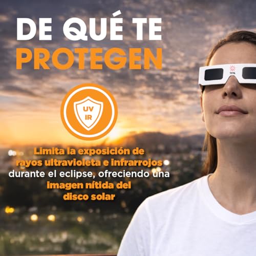 Tottal Gafas Eclipse Solar Homologadas ISO 12312-2 Agosto 2026 Gafas Protección Certificadas CE + Filtro Seguro UV/IR Ligeras + Cómodas + Fácil de Usar Glasses