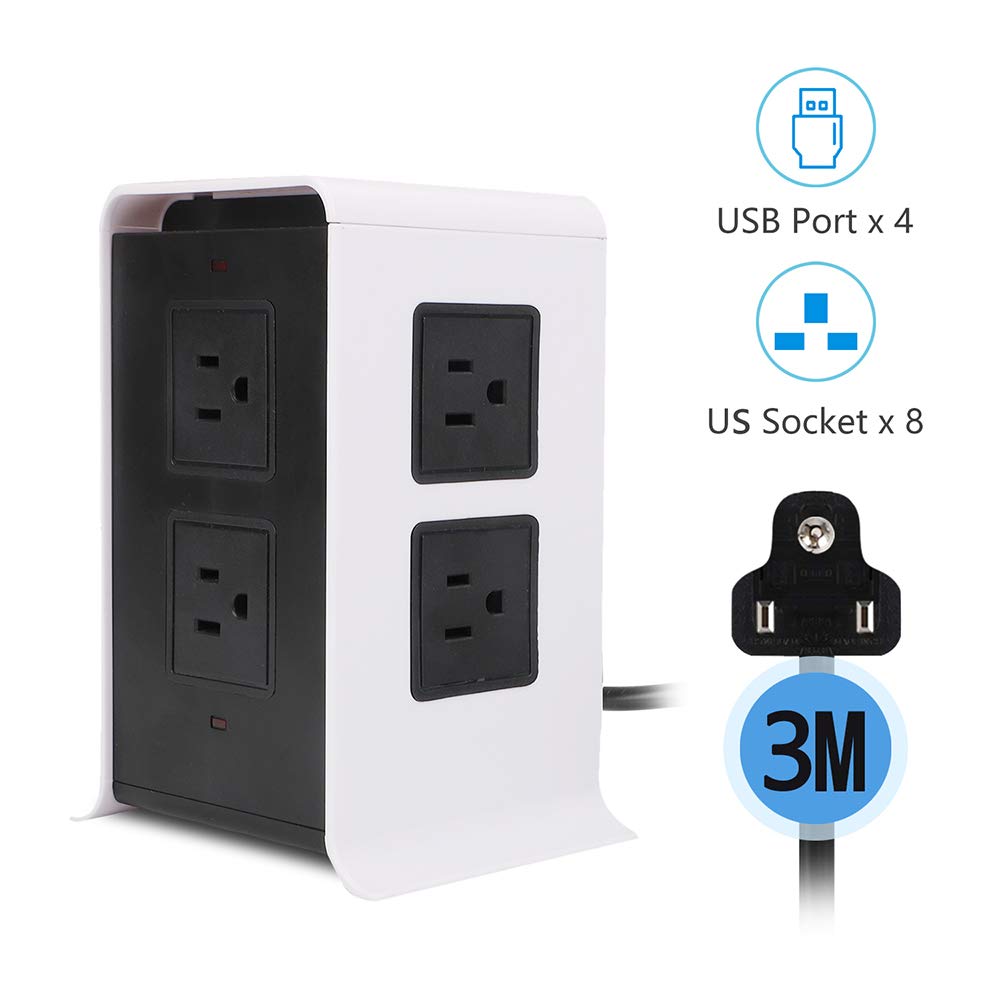 Power Strip Tower Surge Protector Electric Charging Station 10Ft Cord Wire Extension 3000W 13A 16AWG 8 Outlet Plugs with 4 USB Slot Universal Socket for PC Laptops Mobile