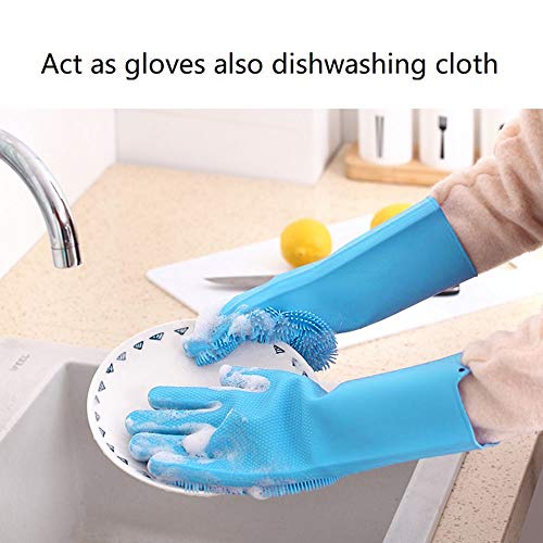 Familighter Silicone Gloves with Wash Scrubber Non-Slip Magic Latex Gloves for Household Cleaning Great for Protecting Hands in Dishwashing Car Washing Kitchen Bathroom Cleaning Blue - Thumbnail 3