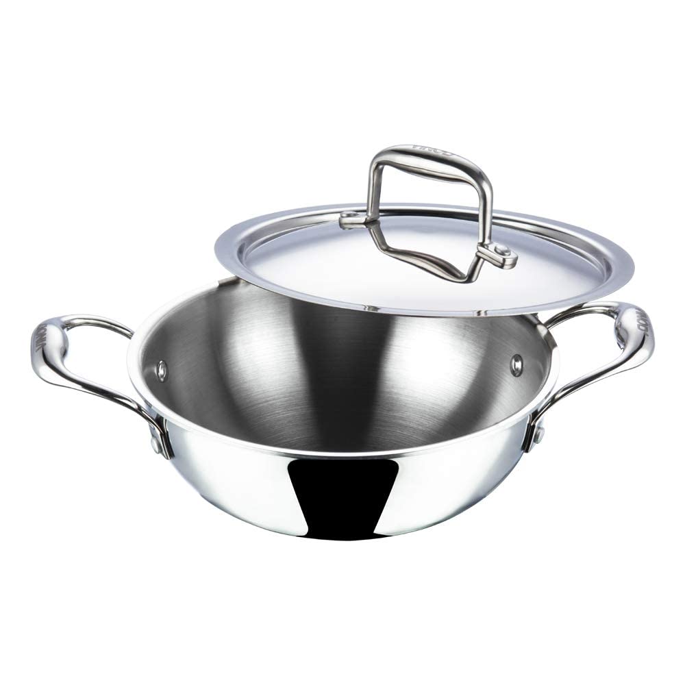 Vinod Platinum Extra Deep Stainless Steel Tri Ply Kadai Wok Saucepan Induction Friendly with Stainless Steel Lid, 22cm, 2.4 LTR