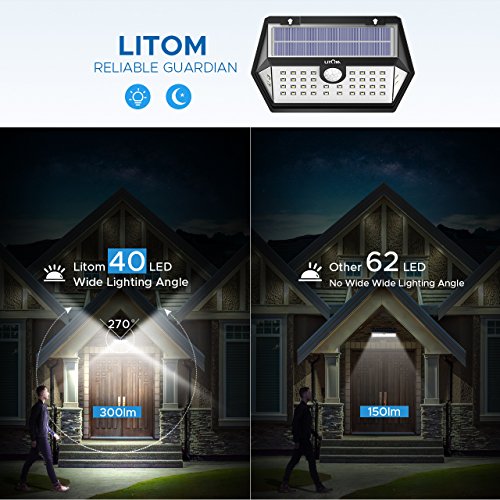 LITOM Solar Lights Outdoor, 40 LED Wireless Wide Angle Motion Sensor Light, IP65 Waterproof Security Solar Light, Three Working Modes for Front Door, Yard, Garage, Deck, Porch, Shed, Walkway-2 Pack