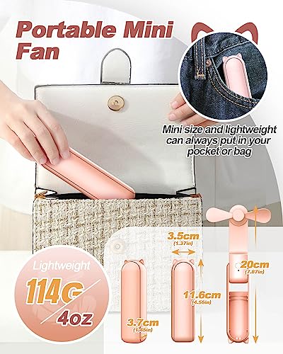 MOXTOYU Mini Portable Folding Fan with USB Rechargeable Battery - 14-21 Hour Battery Life for Office, Pocket and Travel - Pink