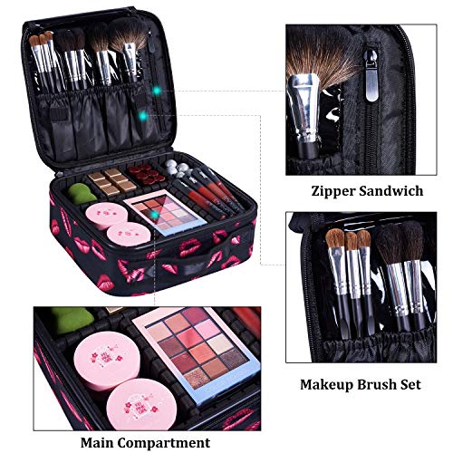 Goldwheat Portable Makeup Train Case Travel Cosmetic Bag Organizer with Removable Dividers Brush Holder Pocket for Makeup Artist-Red Lip Print
