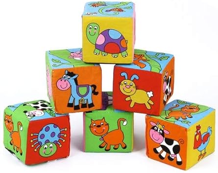 Hoptar 8.5 cm Soft Play Cubes Cloth Plush Building Blocks Early Educational Toy Colorful Baby Rattles Set
