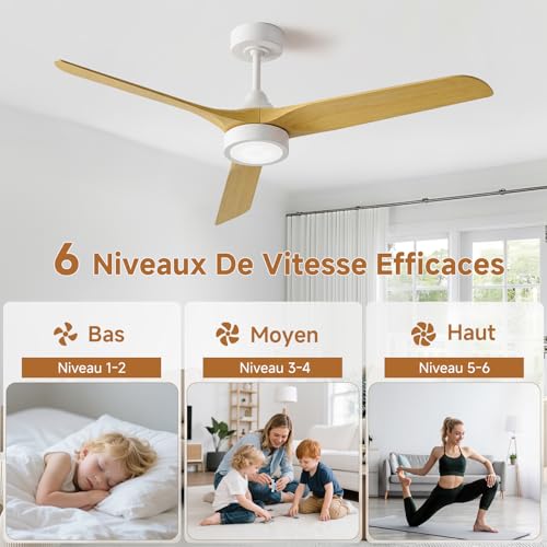 Ateroll Ventilateur Plafond Télécommande Lustre Ventilateur de Plafond Silencieux, Ø132 cm en ABS, Ventilateur Dimmable Plafonnier 6 Vitesses, Minuterie 3 Températures LED Chambre, Salon & Terrasse