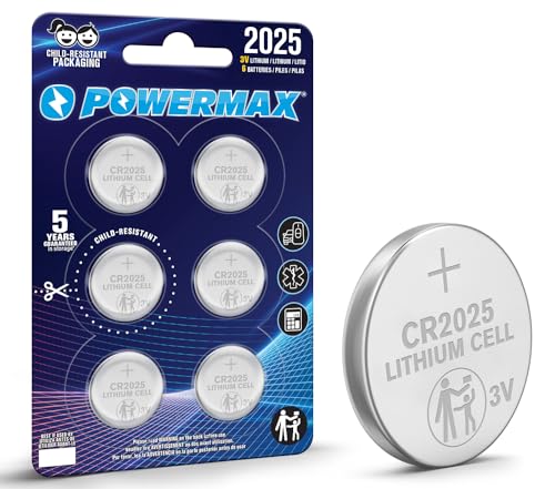 Powermax 6-Count CR2025 Batteries, Lithium 3V Coin Cell Button Battery Pack for Watch and Small Electronics, 5 Year Shelf Life