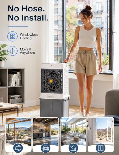 Swamp Cooler, Portable Air Conditioners Evaporative Air Cooler with 10GAL Detachable Tank, Windowless AC Unit Cooling Fan That Blow Cold Air with 120° Swing, 3 Speeds, Timer for Garage Patio Workshop