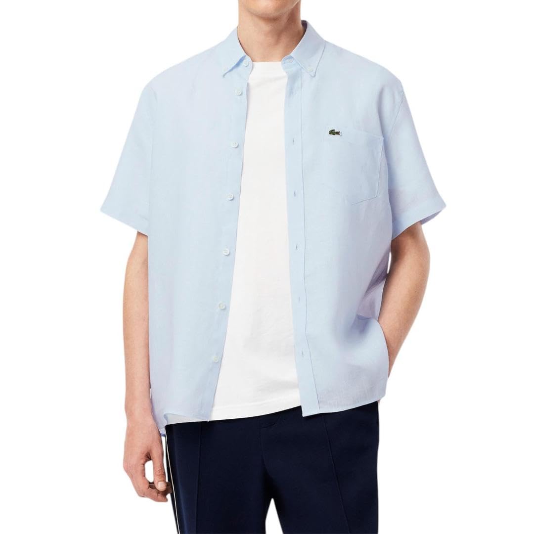 Lacoste Men’s Short Sleeve Regular Fit Button-Down Linen Casual Shirt with Front Pocket, Rill Blue, X-Large-XX-Large