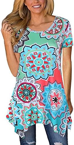 Moskill Summer Tunic Tops for Women Floral Short Sleeve Tshirt Loose Fit (XL, Sky Blue)