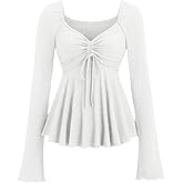 SOLY HUX Women's Peplum Tops Long Sleeve Babydoll Shirts Y2k Cute Tie Front Sweetheart Neckline Top