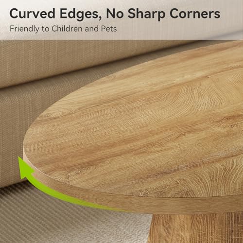 Oval Coffee Table, 47-Inch Living Room Table with Polygonal Pedestal, Modern Center Accent Furniture, Child-Friendly, Easy Assembly, Yellowish Brown