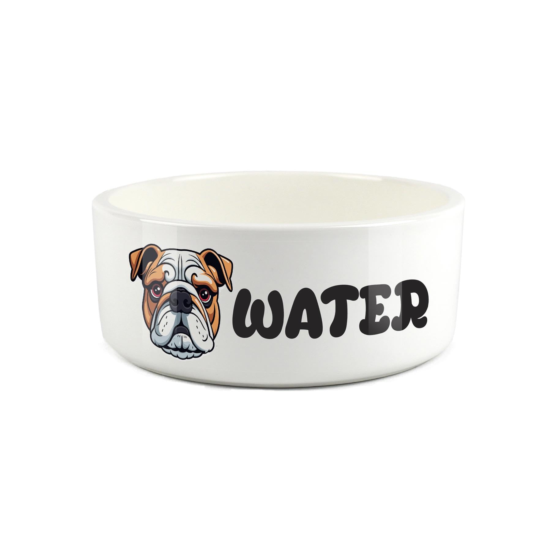 Bulldog Pet Bowl - Cartoon Dog Portrait Large Ceramic Water Bowl - Novelty White Water Dish For Dogs