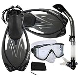 PROMATE Snorkeling Scuba Dive Panoramic PURGE Mask Dry Snorkel Fins Gear Set