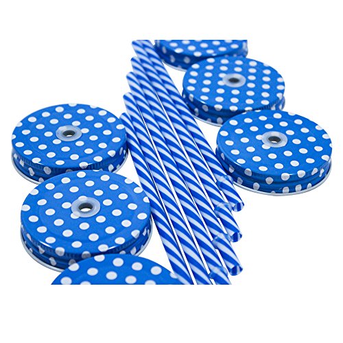Amazing Set Of 6 Lids & 6 Straws For Regular Mouth Mason Jar Glasses, 6-Pack Decorative Colored Polka-Dot Metal Lid With Straw Holes & Striped Plastic Straw Set (Blue)