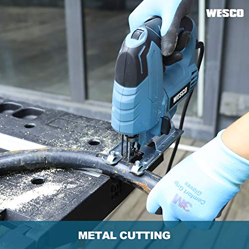 Jigsaw, WESCO 4.5 Amp Electric Jig Saw 0-3000 SPM Variable Speed, 4 Orbital Sets, ±45°Bevel Cutting Angle,Adjustable Aluminum Base, 10PCS Blades for Metal PVC Ceramic Wood Cutting/WS3770U