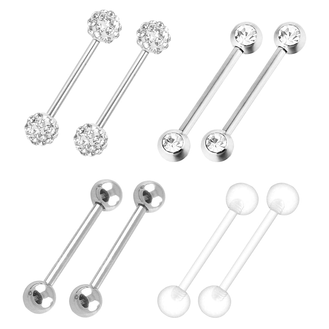 LEEQ 4 Pairs Barbell Ring 316L inless Steel Nipple Rings Cubic Zirconia Tongue Rings Body Piercing Jewelry, 14 Gauge by LEEQ