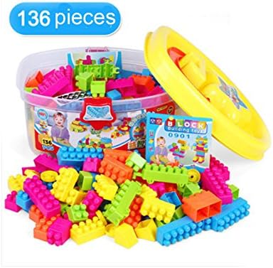 Ponny 136 Pieces Building Bricks Set Colorful Bulk Blocks 5 Sizes &amp; Wheels Creative Learning Toys ,and Storage Box with Handle