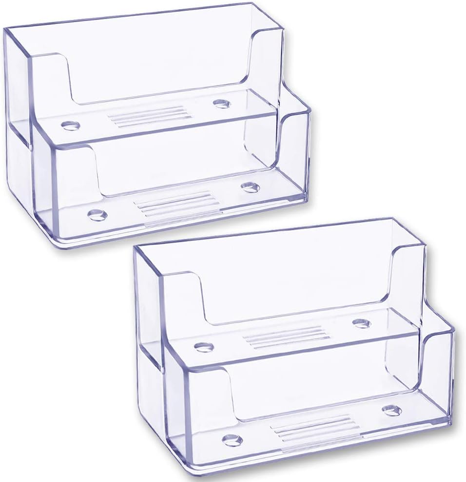 INTVN Business Card Holder Stand, 2 Tier Premium Acrylic Clear Business Card Holder Display, Plastic Business Card Holder for Office Desk Transparent (Pack of 2)