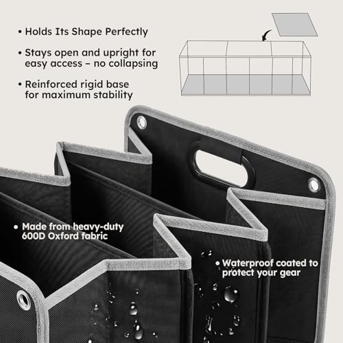 Maxtonne Car Boot Organiser, Heavy-Duty 600D Oxford Collapsible Storage Box with 3- Compartments & Securing Straps, Foldable Tidy for SUV/Hatchback/Estate Car (50L)