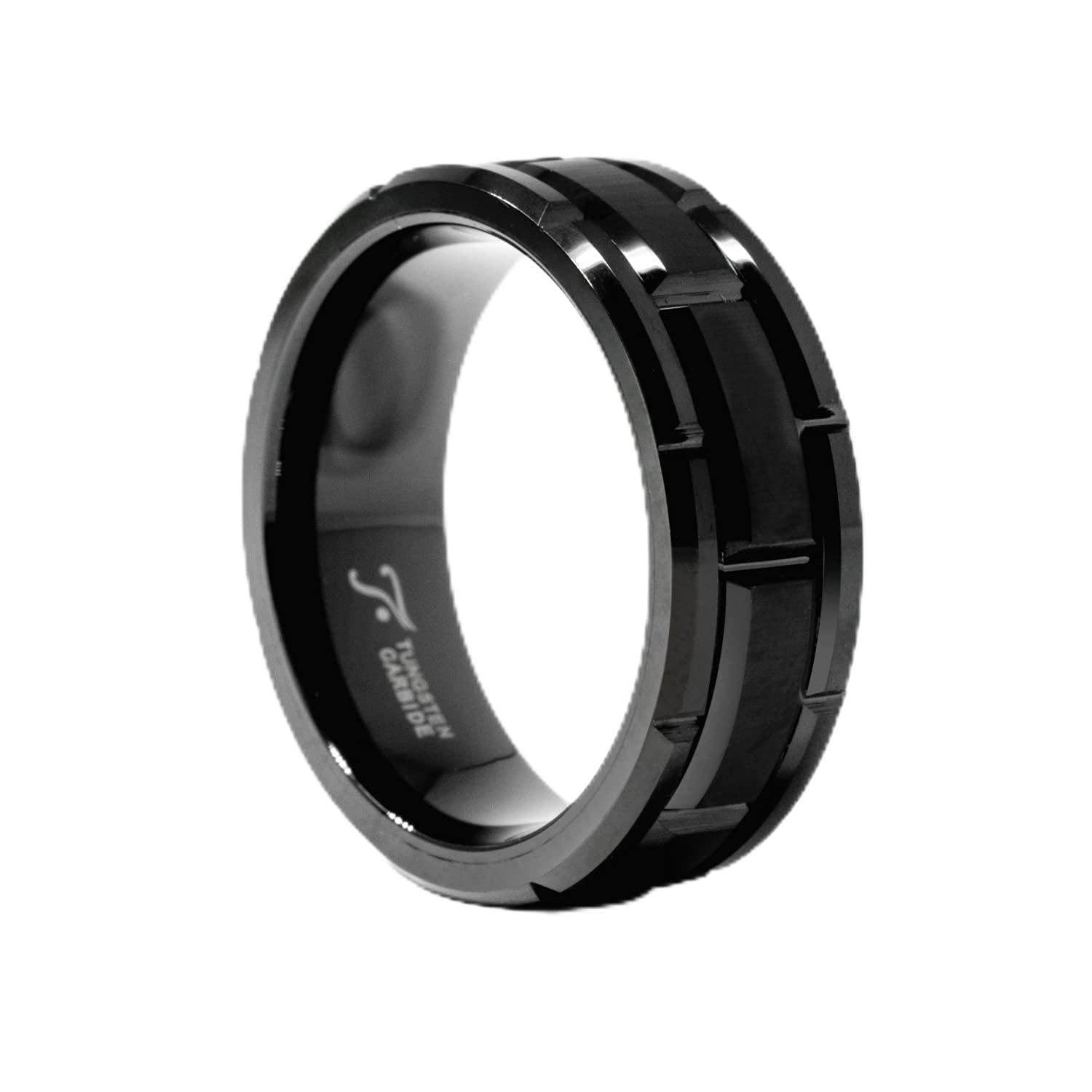 Anillo de boda de carburo de tungsteno clásico para hombre de 8 mm con acabado de pincel con patrón de ladrillo | 3 estilos: negro-oro rosa, amarillo-oro, negro | Grabados personalizados | Resistente a los arañazos | (Negro, 9)