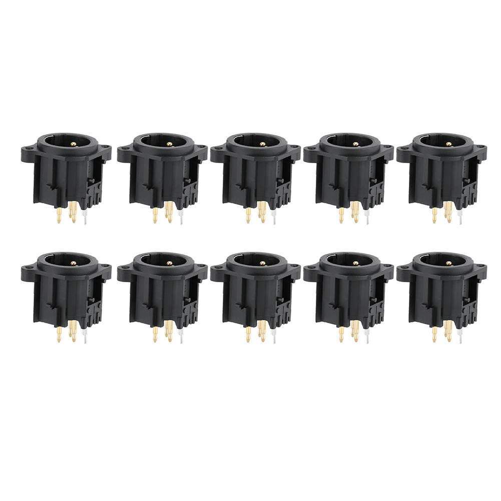 10pcs XLR Male Socket, 3-Core XLR Male Socket Audio Connector Mount Chassis, Gold-Plated Copper, with Stable Performance