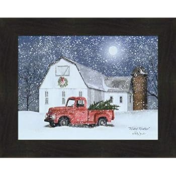 Home Cabin Décor Wintry Weather by Billy Jacobs 16x20 Farm Barn Old Truck Christmas Trees Wreath Silo Full Moon Winter Seasons Framed Folk Art Print Picture