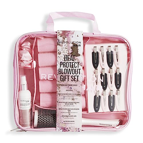 Revolution Beauty London Hair Plex Heat Protect Blowout Set de regalo, pinzas para el pelo, cepillo elegante, rodillos, spray de peinado, coletero y bolsa incluidos
