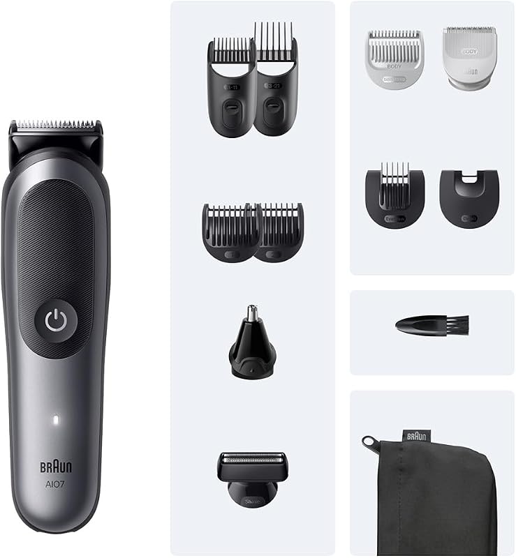 Braun All-In-One Series 7 AIO7545 Aparador, Kit de Styling 12in1 para Barba, Cabelo, Orelhas, Nariz e Corpo, 14 Comprimentos, 120 Min de Autonomia, Aparador de Cabelo Masculino Com Lâmina Ultra Afiada, Cinzento