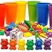 Skoolzy Rainbow Counting Bears with Matching Sorting Cups, Bear Counters and Dice Math Toddler Games 71pc Set - Bonus Scoop Tongs, Storage Bag primary