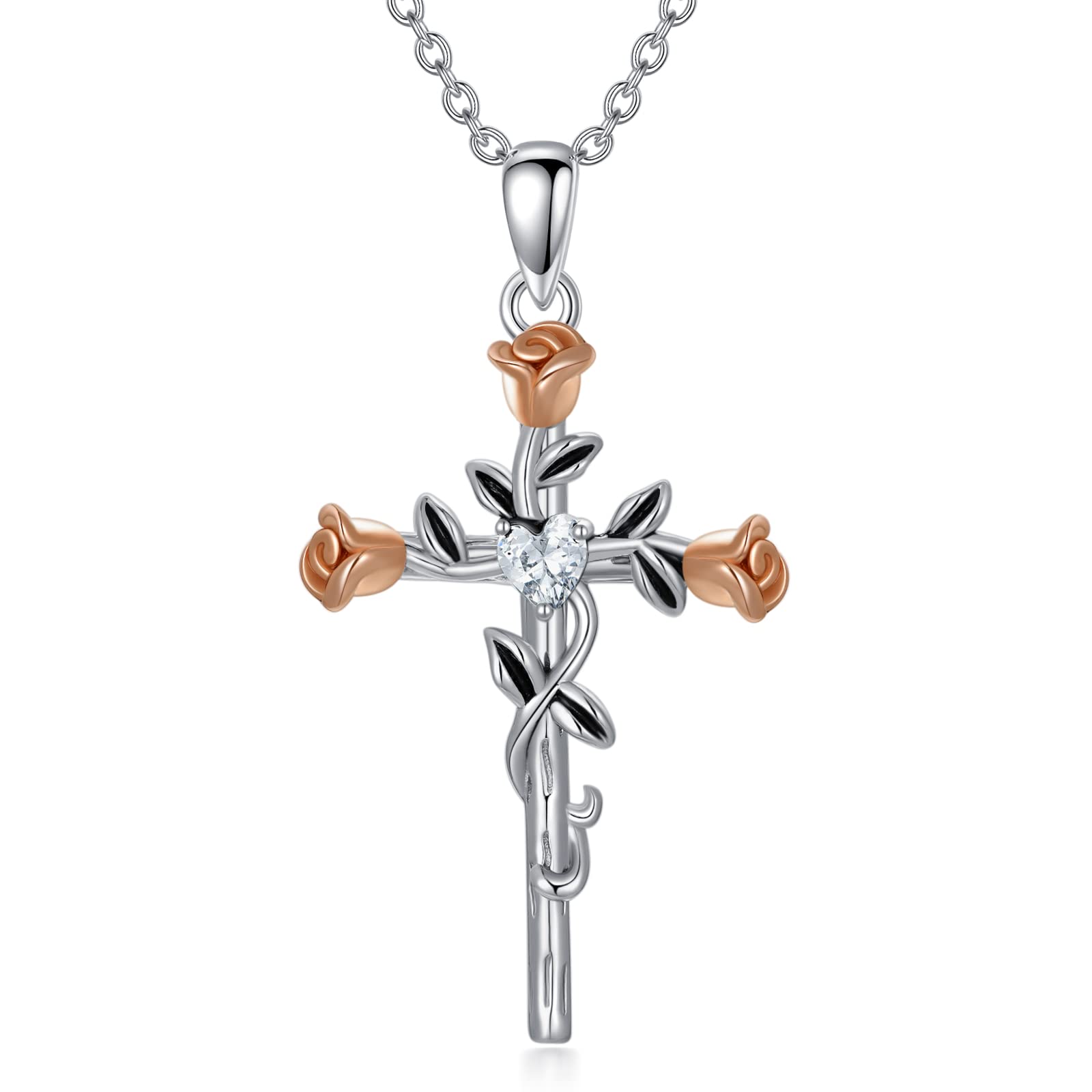 VONALA Cross Necklace Sterling Silver Rose Cross Pendant Faith Necklace Vintage Goth Jewellery Religious Christian Gifts for Women Girls